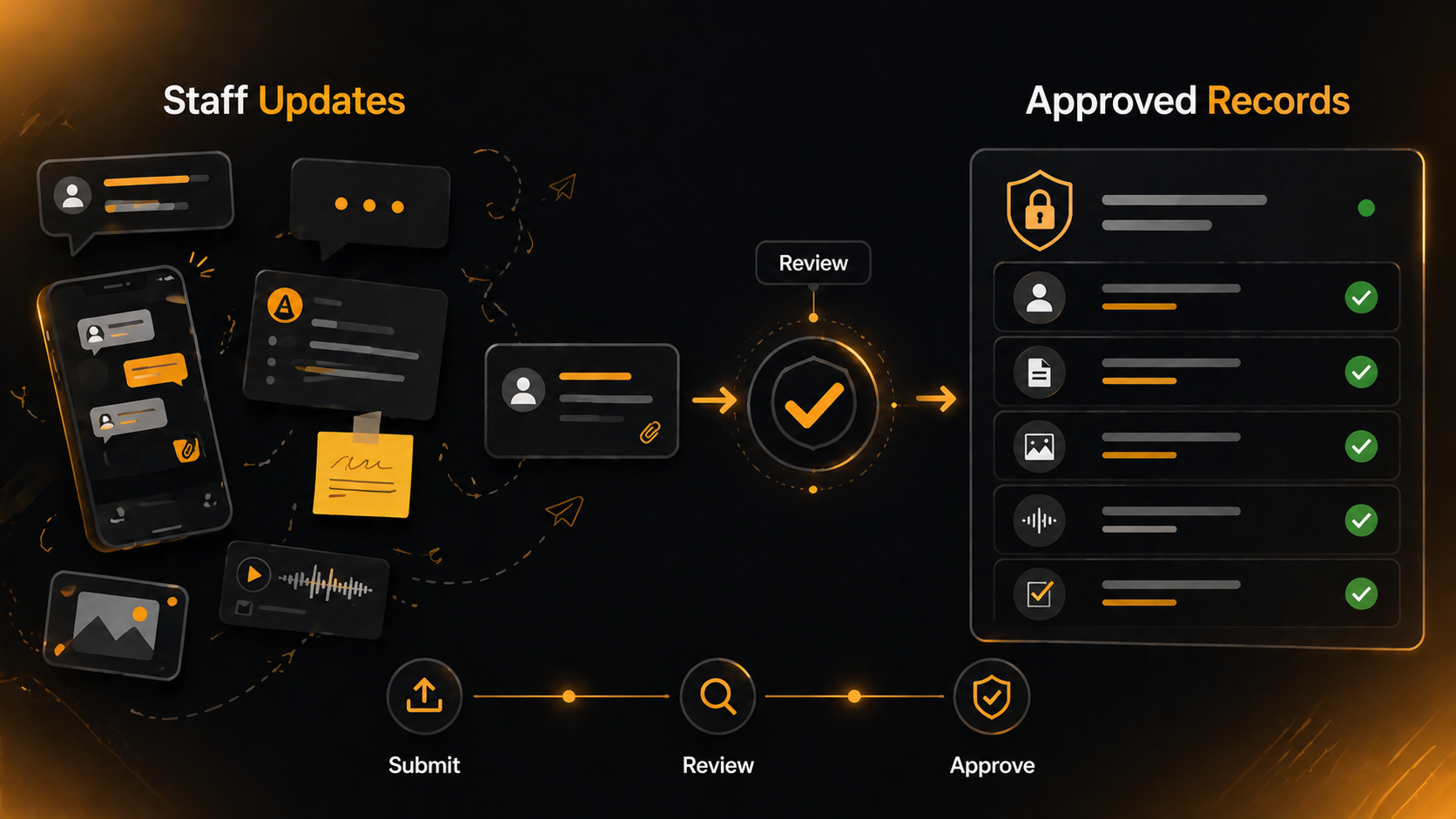 Graphic showing staff updates moving through review into approved records