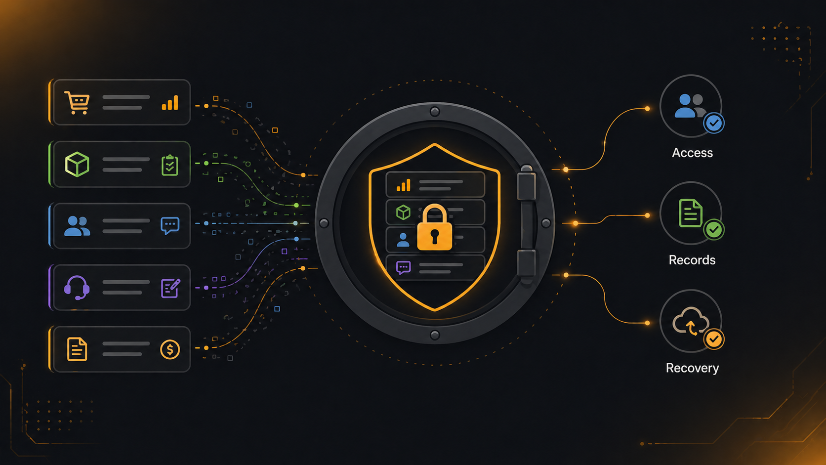 Graphic showing encrypted business records protected inside a secure system