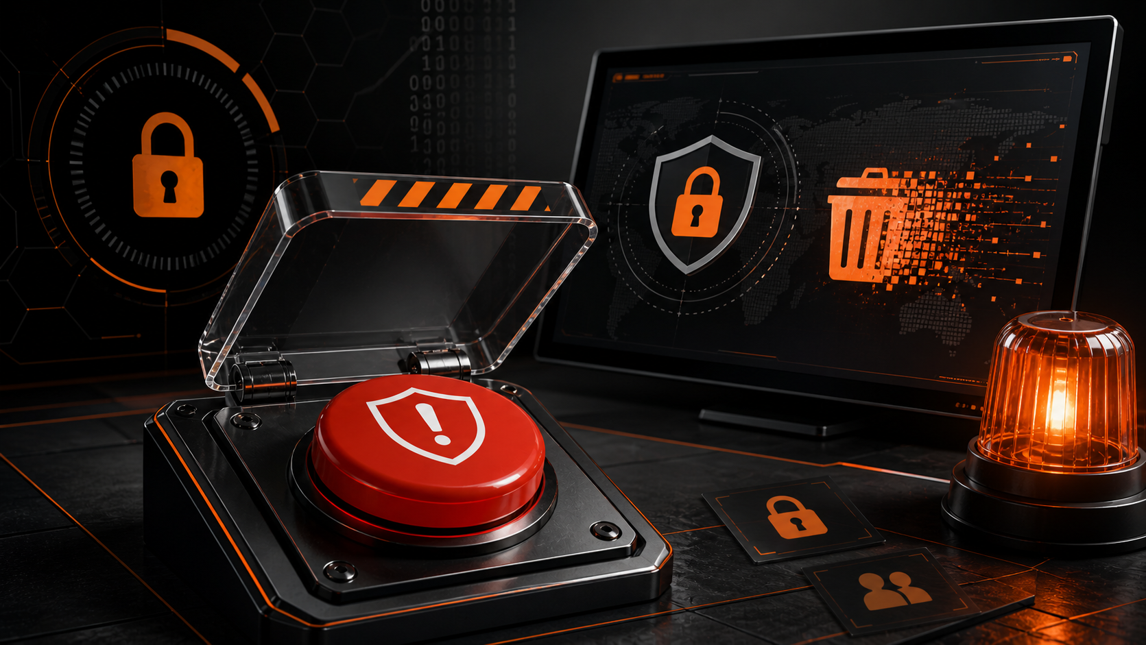 A big red button sits on a desk next to a flashing siren and a screen depicting the secure deletion of data.